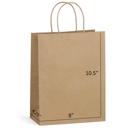 Eupako 8x4.25x10.5 Paper Bags - 100 PCS Brown Kraft Gift Bags with Handles Bulk for Shopping, Party Favor, Merchandise