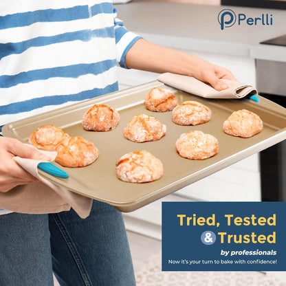 Perlli Nonstick Baking Kit - 6-Piece Gold Steel Oven Set with Silicone Handles | Round, Loaf, Square Pans & More