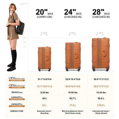 NZBZ Vintage Luggage set Carry on Cute Suitcase with Rolling Spinner Wheels TSA Lock Luggage 3 Pieces (Cognac Brown, 20inch & 24inch & 28inch)
