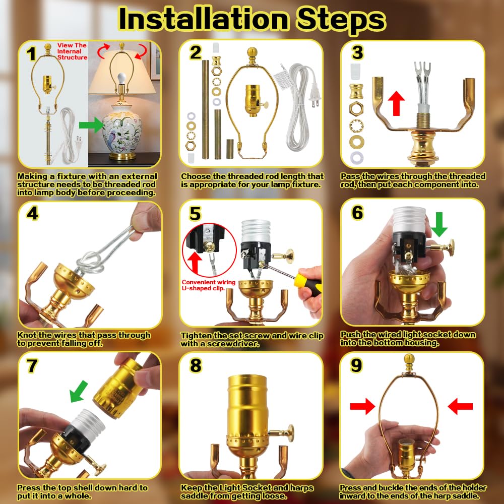 Asjeumt Lamp Rewire Kit Make a Lamp Repair Kits E26 Light Socket Matching Cord Wire Harp Making Supplies Set Lamp Wiring Kit for Table Floor Lamp with All Parts Needed for DIY Lamp - Antique Gold