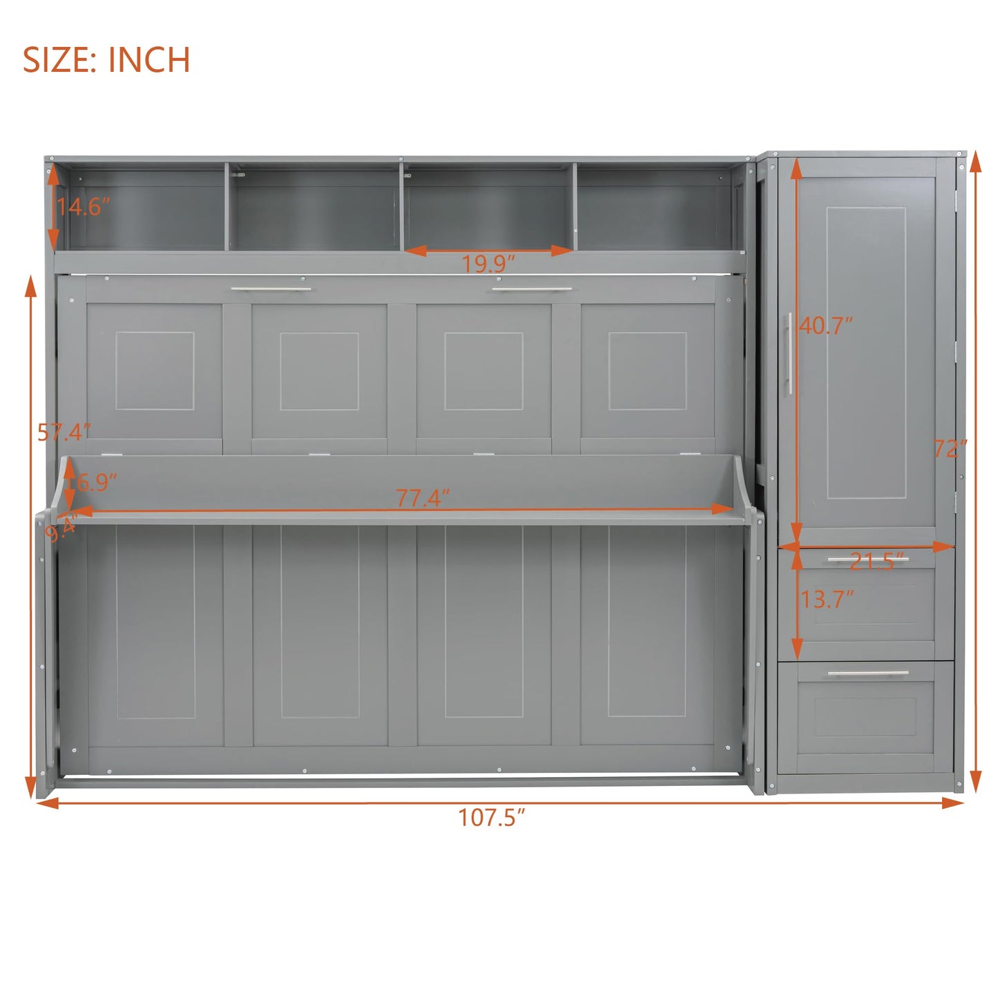 Ball & Cast Murphy Bed Full Size with Five-Layer Cabinet,Solid Wood Storage Hidden Wall Bedframe,W/Folding Designed,Space-Saving,for Home Office,Study,Guest Room,Gray