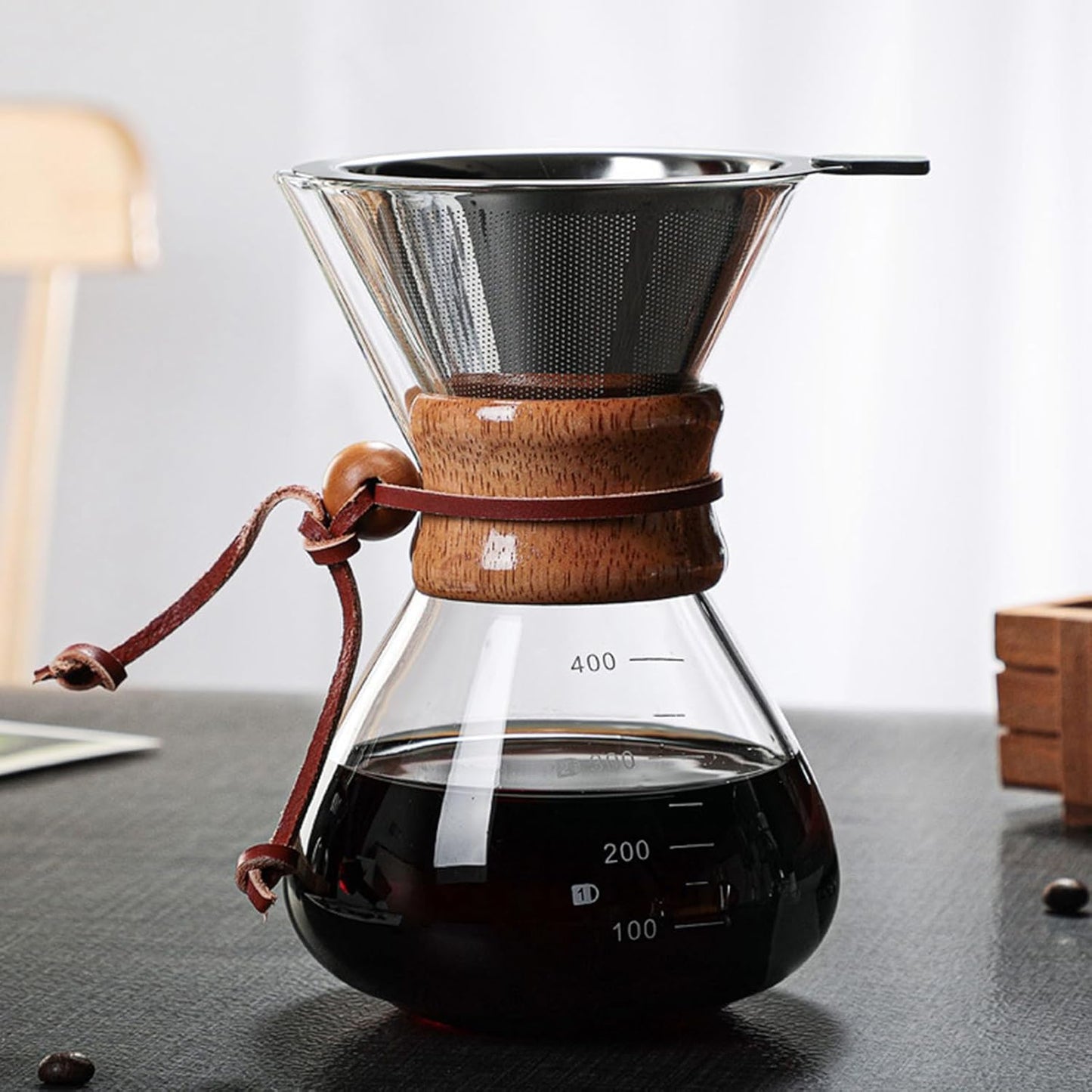 Pour Over Coffee Maker, 400ml Double Filter Wooden Sleeve Brewer for Home Cafe Parties