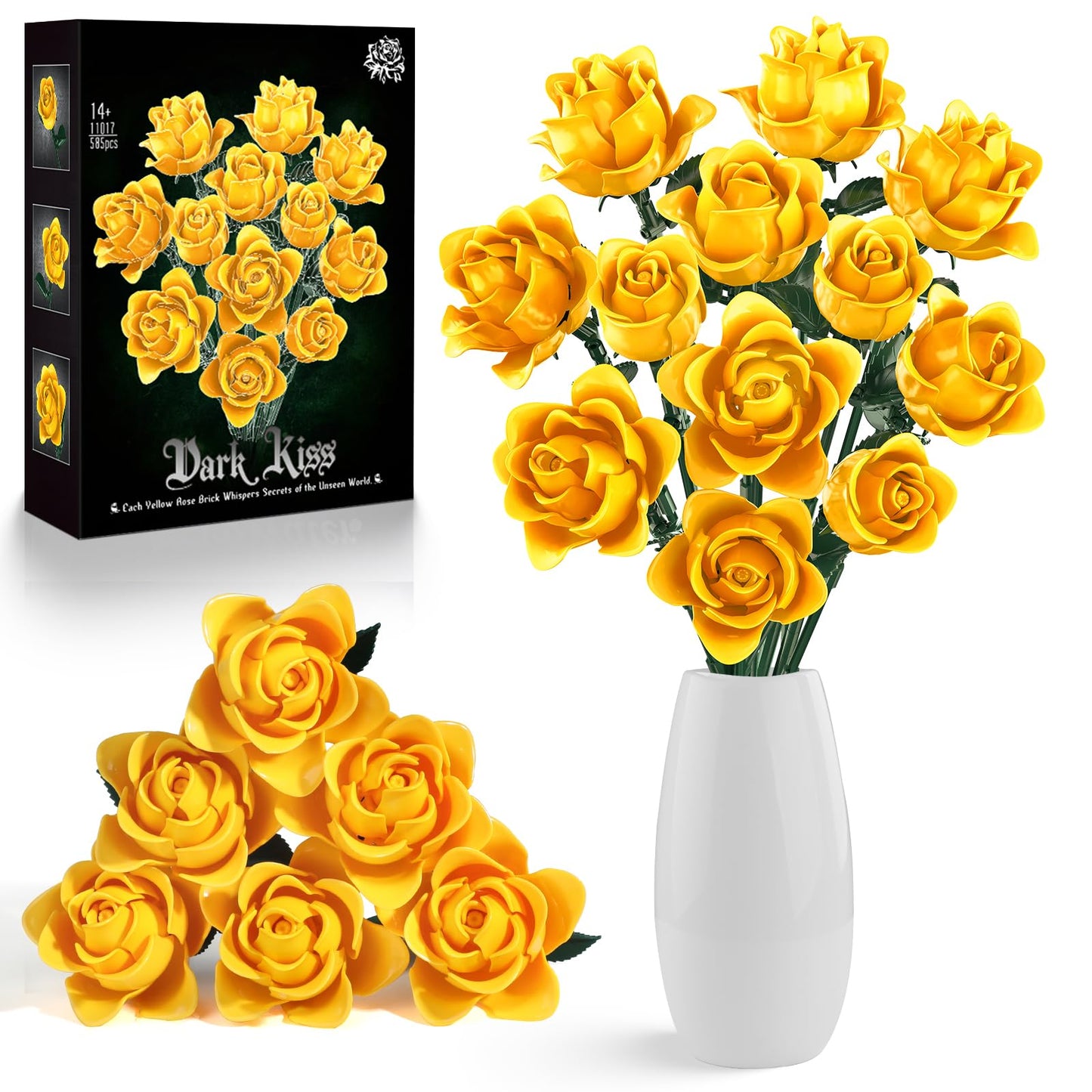 HAYXUN 12 Yellow Roses Building Block Bouquet Set, 585 Pieces Artificial Botanical Kit, Unique for Mom & Grandma, Everlasting Floral Home Decor