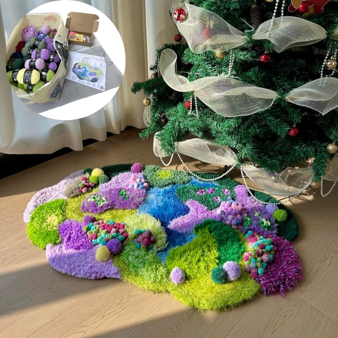 Latch Hook Rug Kit DIY Crochet Carpet for Adults Kids Beginners, Moss Garden Pre-Printed Canvas Yarn Rug Hooking Kits, Creative Craft Home Decor Ideal for Learning Rug Making