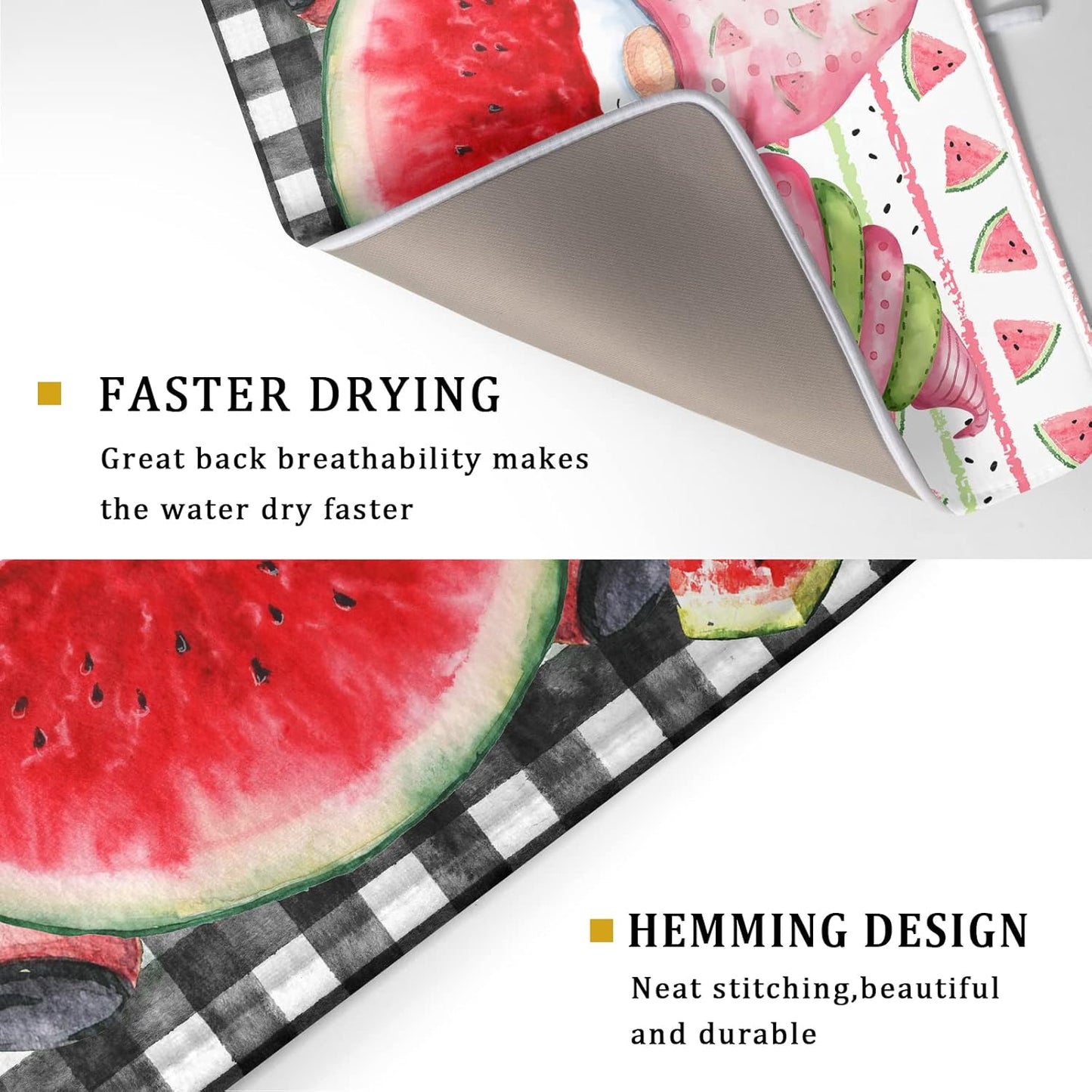 Summer Gnomes Dish Drying Mat 18x24 Inch, Watermelon Fruit Buffalo Plaid Absorbent Kitchen Dry Mats for Sink