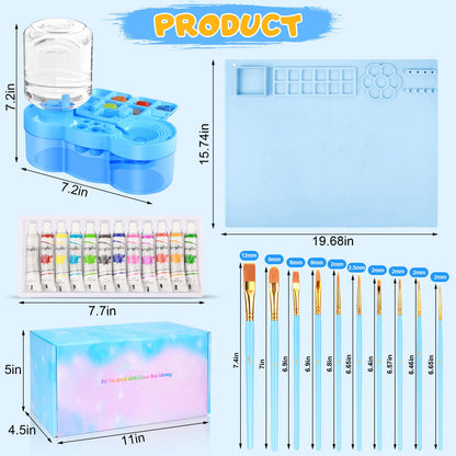 Art Painting Kits, Paint Station, Including Upgraded Paint Brush Cleaner, 20"X16" Silicone Painting Mat, 12 Colors Acrylic Paint Set and 10 Paint Brushes, Painting Supplies Kits(Blue)