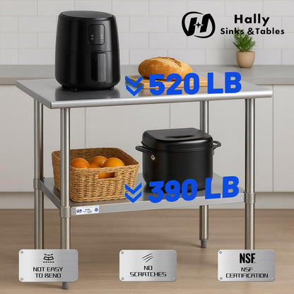 Hally Stainless Steel Table for Prep & Work 30 x 60 Inches, NSF Commercial Heavy Duty Table with Undershelf and Galvanized Legs for Restaurant, Home and Hotel