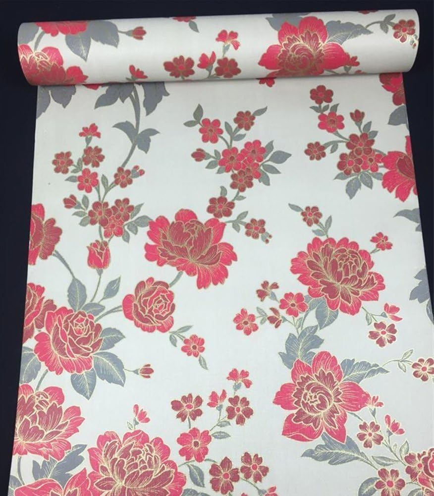 Vintage Floral Adhesive Paper Vinyl Shelf Liner, Peel Stick Dresser Drawer Sticker, 17.7inch by 118inch (Red)