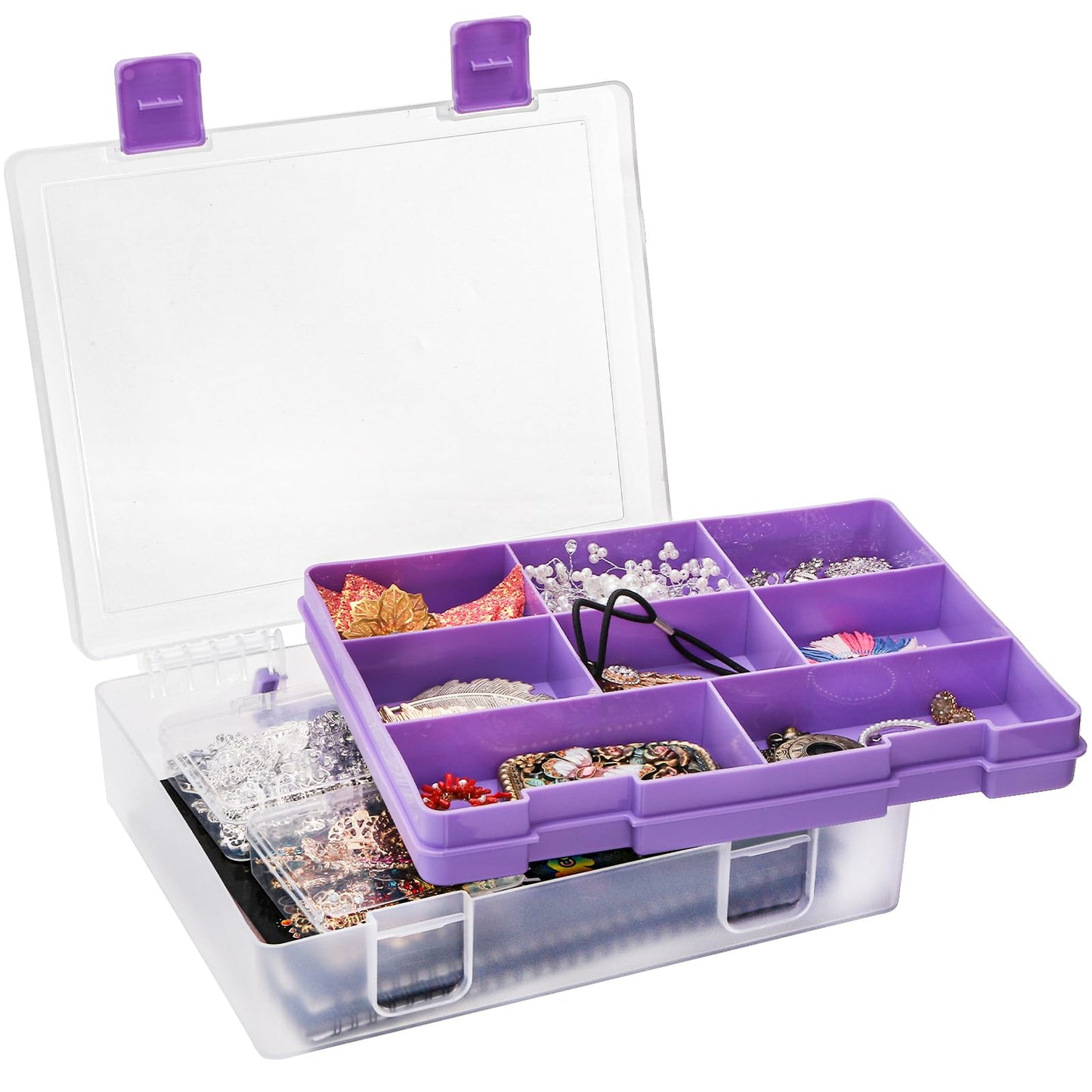Okllen 2 Layers Plastic Organizer Container Box, 8 Compartments Bead Organizer Clear Craft Storage Box, for Art DIY Supplies, Sewing Tools, Jewelry, Fishing Tackle Box, 11.9x9.2x3.1inch