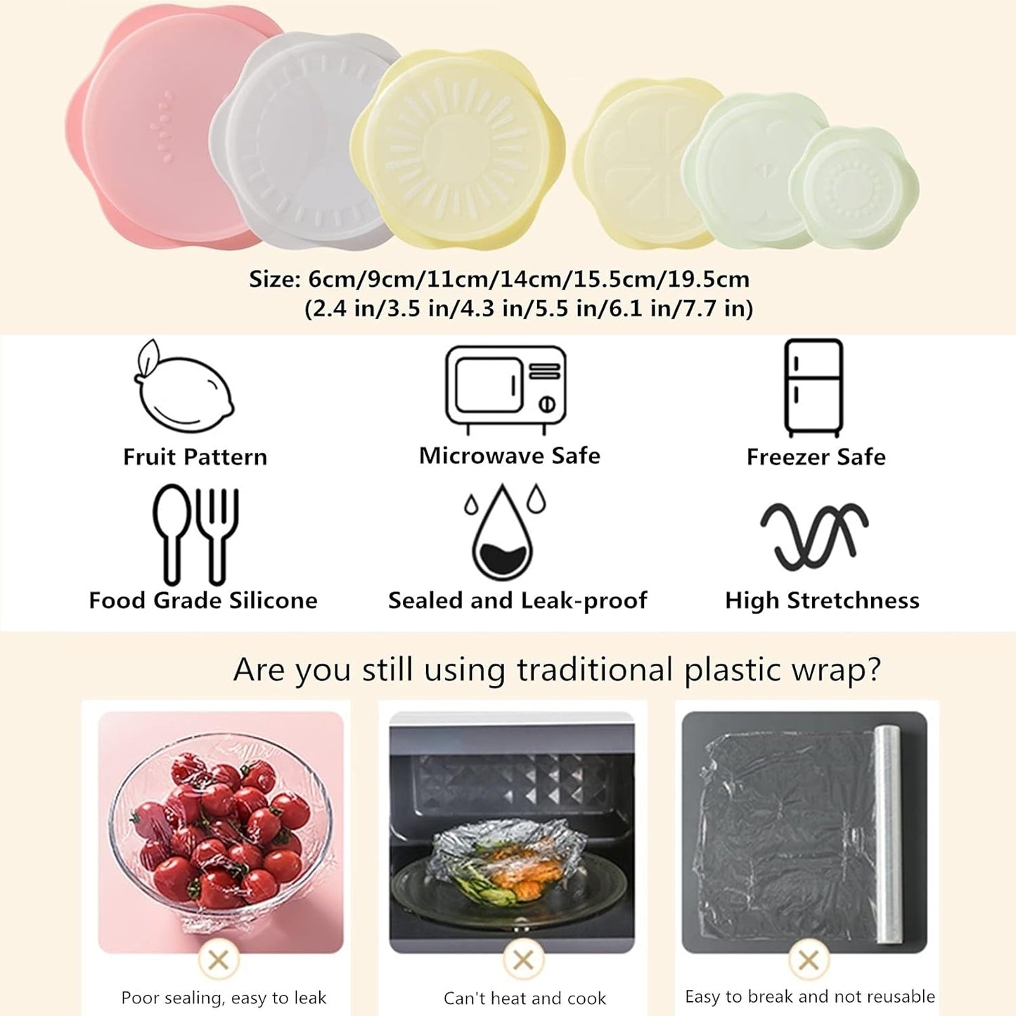 Food Storage Silicone Stretch Lids Set, 6 Pcs Different Sizes, Fruit Pattern Food-grade Reusable Covers, Microwave Safe