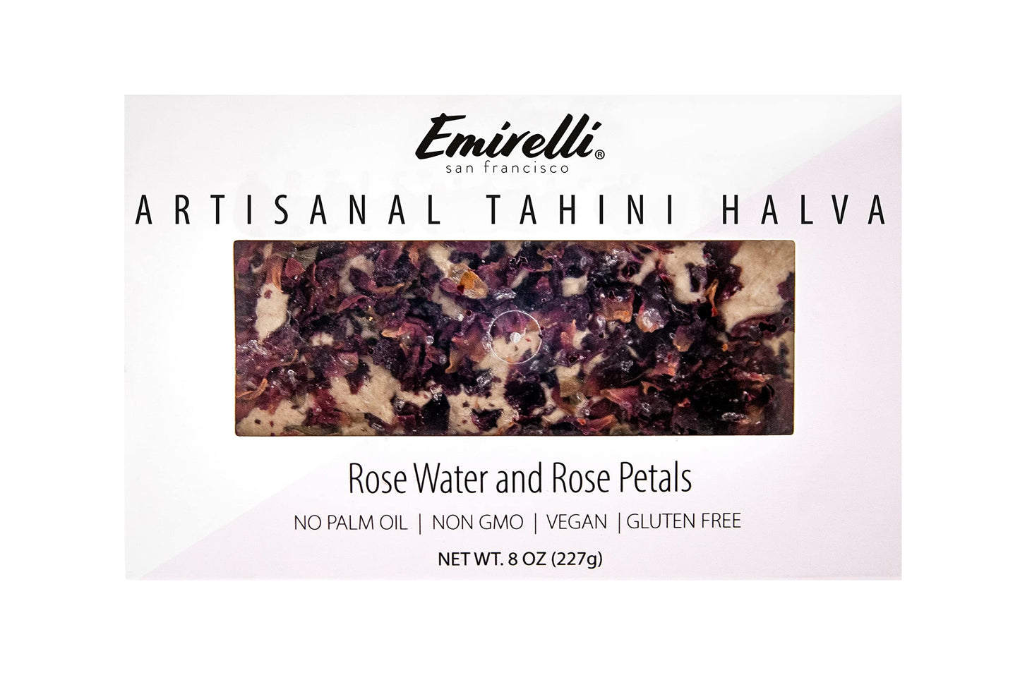 Emirelli Artisanal Halva Dessert – Authentic Middle Eastern Candy Turkish Sweets – Vegan Candy 55%-Tahini Halwa - Halvah Traditional International Sweets - Rose Water and Rose Petal Flavor, Pack of 1