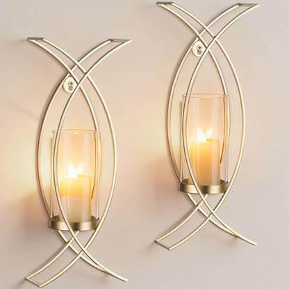 Walasis Candle Sconces Wall Decor Set of 2: Wall Hurricane Candle Holder Modern Metal Wall Mounted Gold Sconces Decorations for Living Room Bedroom Bathroom Hallway Outdoor