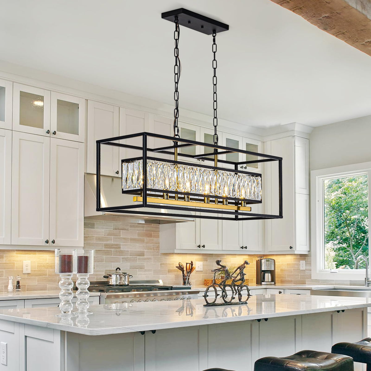Vezzio Modern Crystal Chandelier for Dining Room 6-Light Luxury Black and Gold Rectangle Contemporary Hanging Adjustable Pendant Light Fixture Over Table for Kitchen Island, L35 Inch
