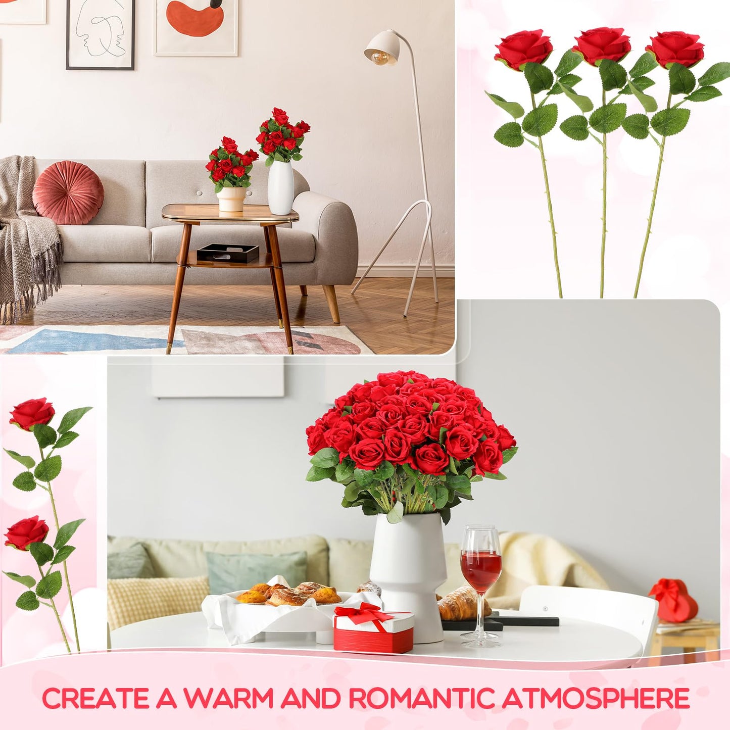 Riceshoot 500 Pcs Artificial Silk Roses Flowers with Long Stem Bridal Wedding Bouquet Realistic Floral Bulks for Garden Home Party Gifts Favor Decoration(Red)