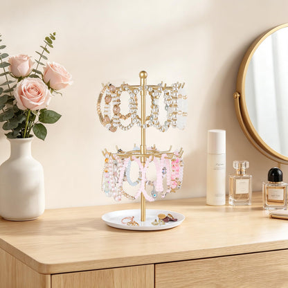 Mkono Bracelet Holder Gold Metal Rotating Bracelet Display Stand 2 Tier Jewelry Organizer with 24 Hooks and Wood Tray Adjustable Tree Stand Tower Rack for Storage Selling KeyChain Bangle Accessories