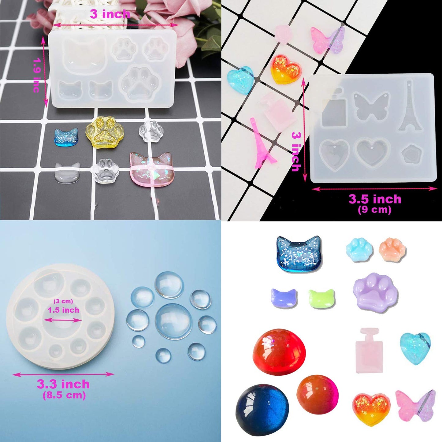 EuTengHao 132Pcs Animal Silicone Molds DIY Resin Casting Kit Contains 4 Bears 3D Bear Rabbit Cat Paw Mold Necklace Pendant Time Gem Eiffel Tower Jewelry Crystal
