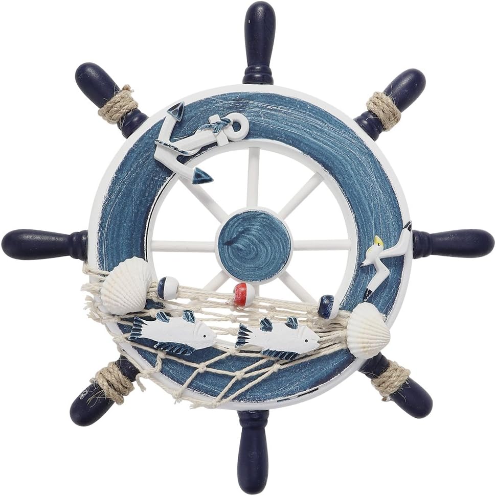 Nautical Beach Wooden Boat Steering Wheel Wall Decor, 9 Inch Rudder
