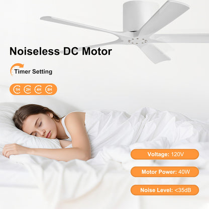 LEDLUX 52 Inch Flush Mount Ceiling Fan No Light - 5 Solid Wood Blades, 6-Speed Reversible DC Motor, Noiseless Low Profile Ceiling Fan without Light for Bedroom Living Room, White