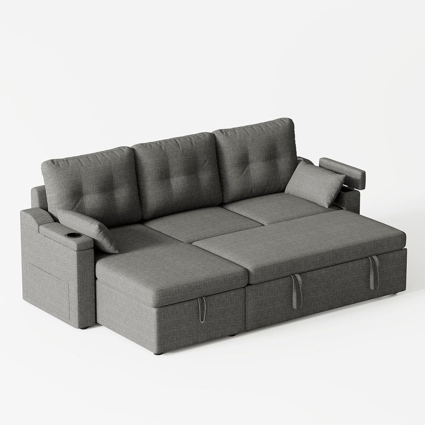IDEALHOUSE Sofa Bed, L-Shaped Sectional Sleeper Sofa with Storage, Pull-Out Bed, Reversible Chaise, USB-C Ports, Washable Covers, Space-Saving Compact Design, Grey