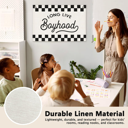 ETVISO Long Live Boyhood Black and White Checkered Boys Room Decor - Cars Room Decor Linen Banner Wall Hanging Canvas Banner Flag Decor for Toddler Boy Bedroom Nursery Playroom Birthday Party