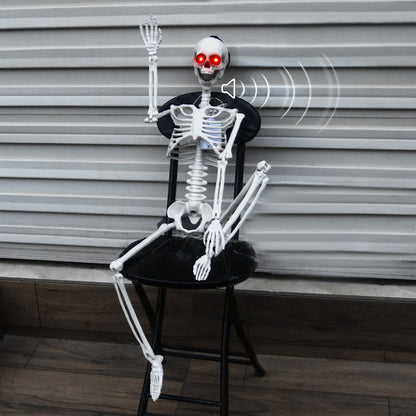 DUNCHATY Halloween Hanging Posable Skeleton - 3FT Prop Skull with LED Glowing Eyes and Creepy Shrilling Sound - Sound Activated Outdoor Halloween Decorations Skeleton Decoration