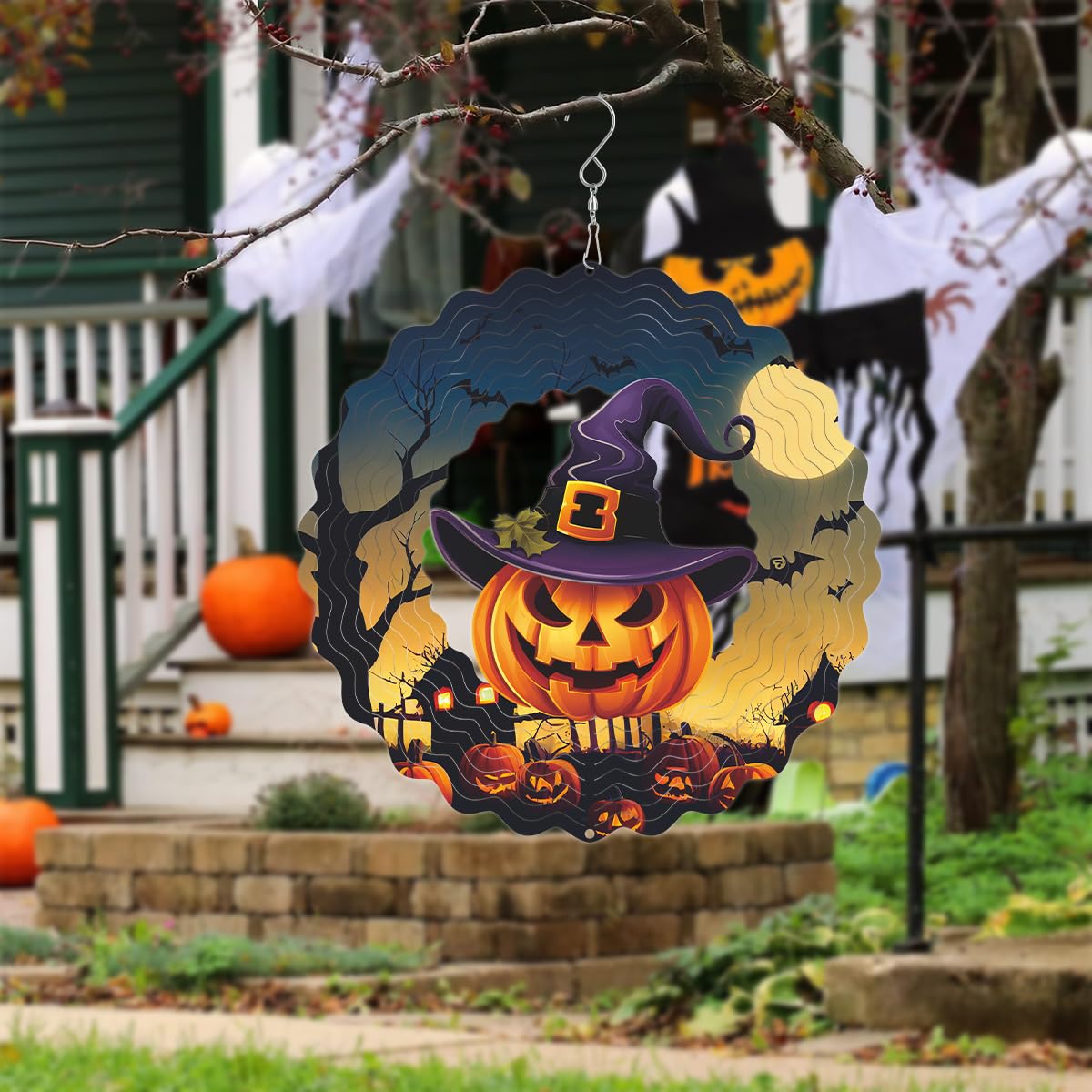 Hanging Halloween Metal Wind Spinner Witch's hat Wind Spinners 3D Hanging Skull Pumpkin Metal Wind Spinner for Halloween Yard Garden Outdoor Indoor Art Decor