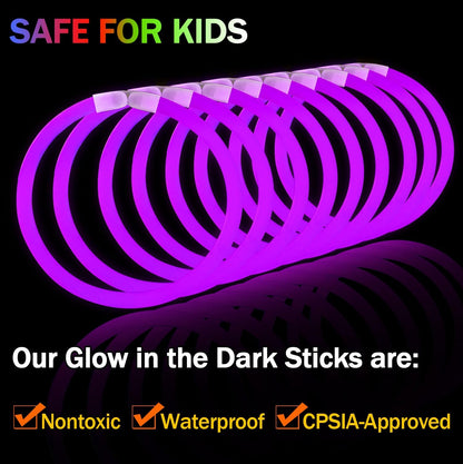 NUDALA 100 Pcs Purple Glow Sticks Bracelet Necklaces Bulk Glow in The Dark Party Supplies Easter Basket Stuffers 8” Light Stick with Connectors for Halloween Birthday Carnival