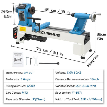 12" x 18" Digital Display Wood Lathe Machine, Benchtop Wood Lathe Machine 3/4HP 110V Infinitely Variable Speed 650-3800 RPM Professional for High Speed Sanding and Polishing