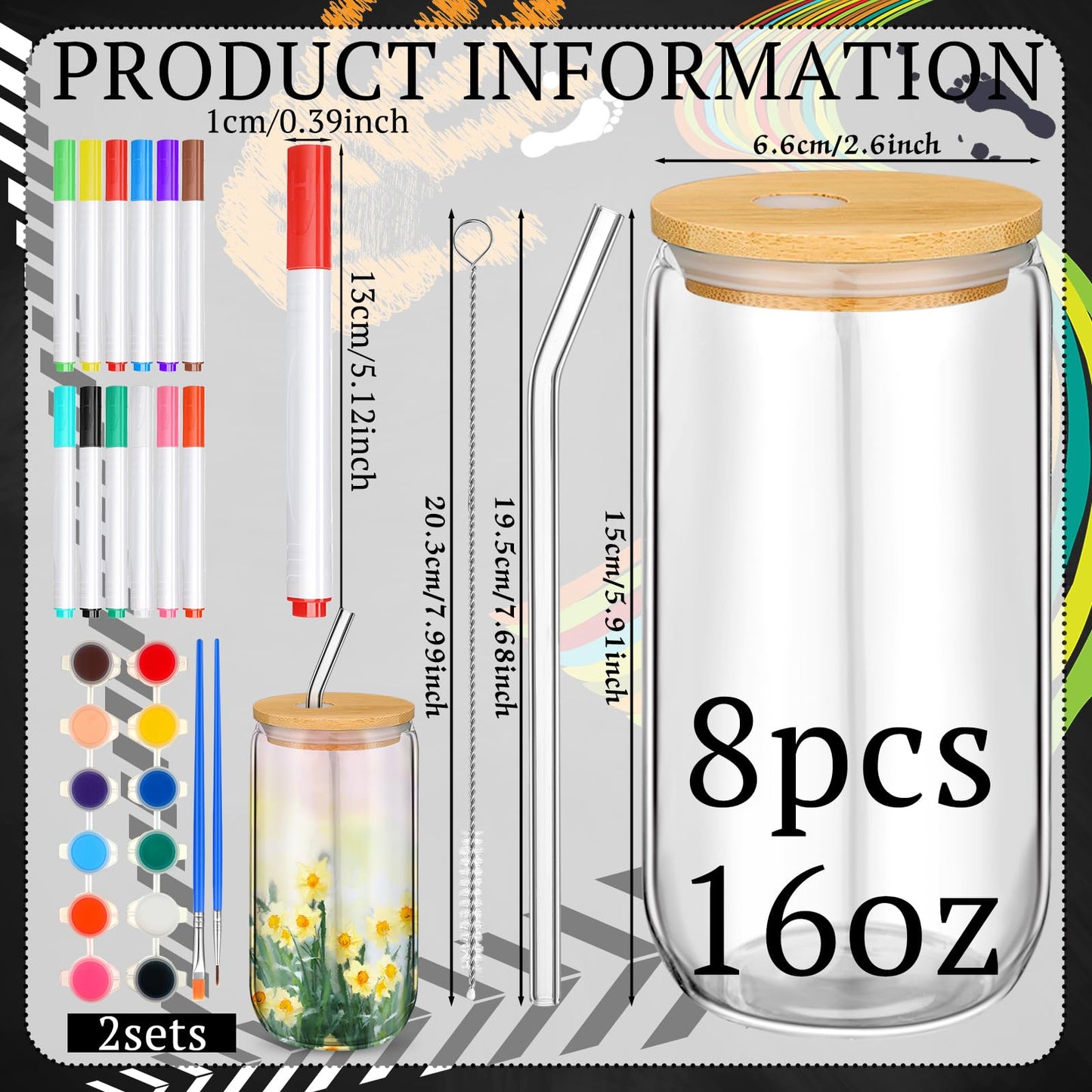 Pickmesh 8 Set Glass Painting Kit for Valentines Day Gifts Adult 16 oz Glass Tumbler with Lids and Straws 12 Markers 12 Colors Acrylic Pain with Brushes to Design Your Own Wine Glasses Gifts