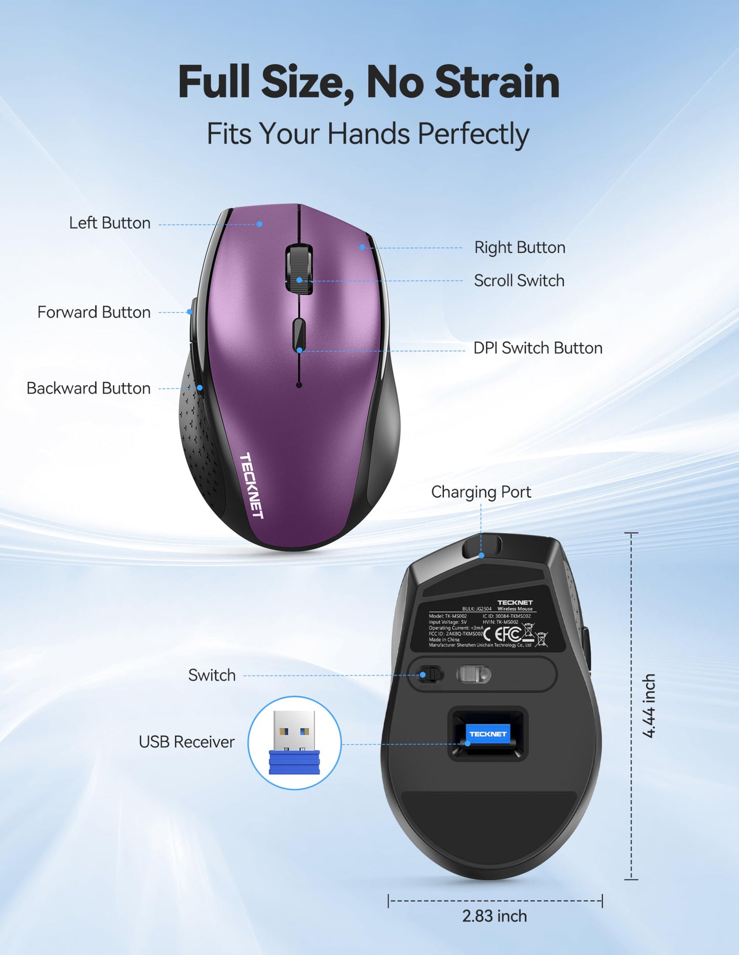 TECKNET Wireless Mouse Rechargeable,Mouse for Laptop Computer,2.4G USB Computer Mice Wireless,6 Button 6400 DPI Ergonomic Silent Mice,Portable Cordless Travel Mice-Wide Compatibility