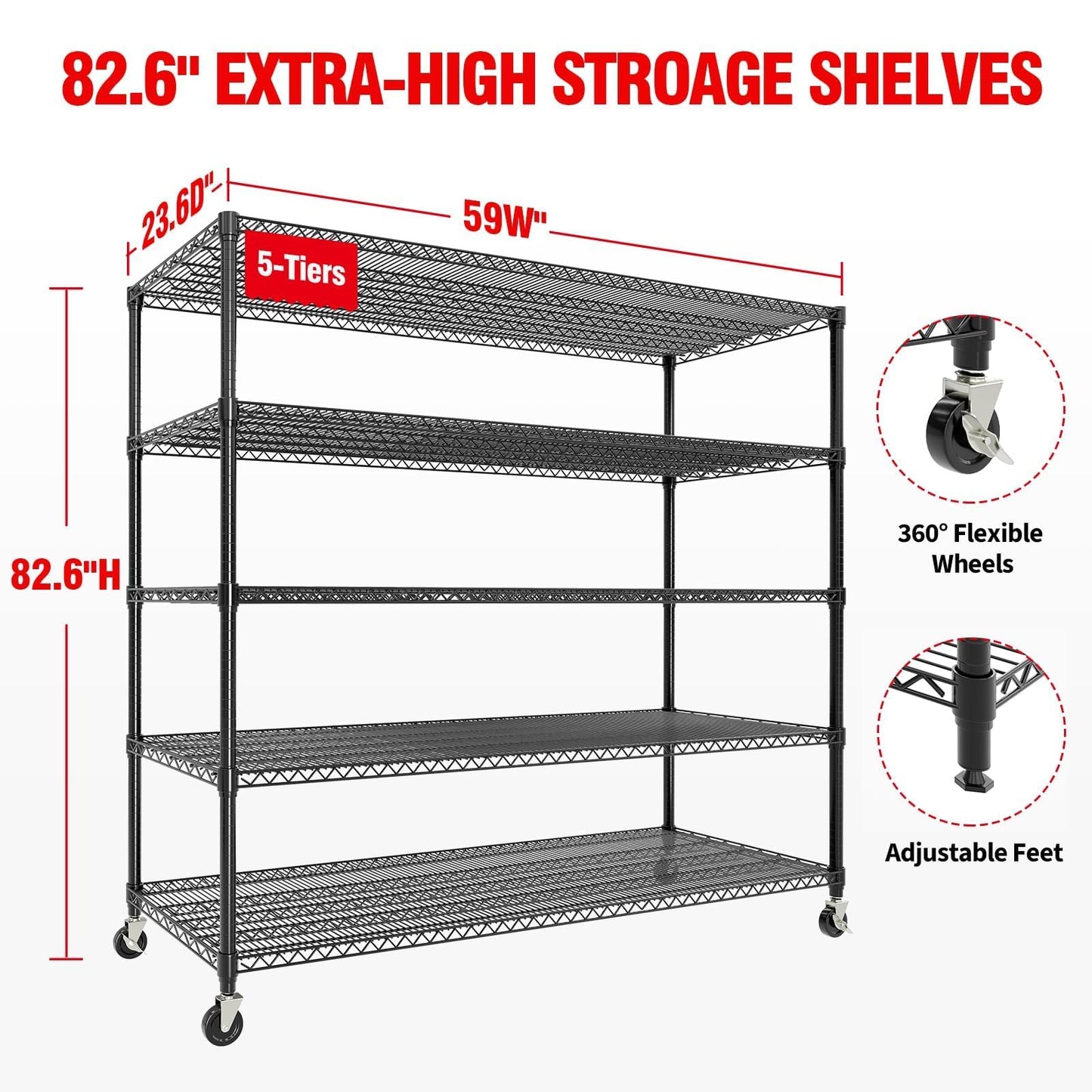 ActiveTrail 82.6" H x 59" W Storage Rack with Wheels, 5-Tier Heavy-Duty Wire Shelving Unit, Adjustable Shelves, Supports up to 3300 LBS, Ideal for Garage, Kitchen, Pantry, and Home Organization