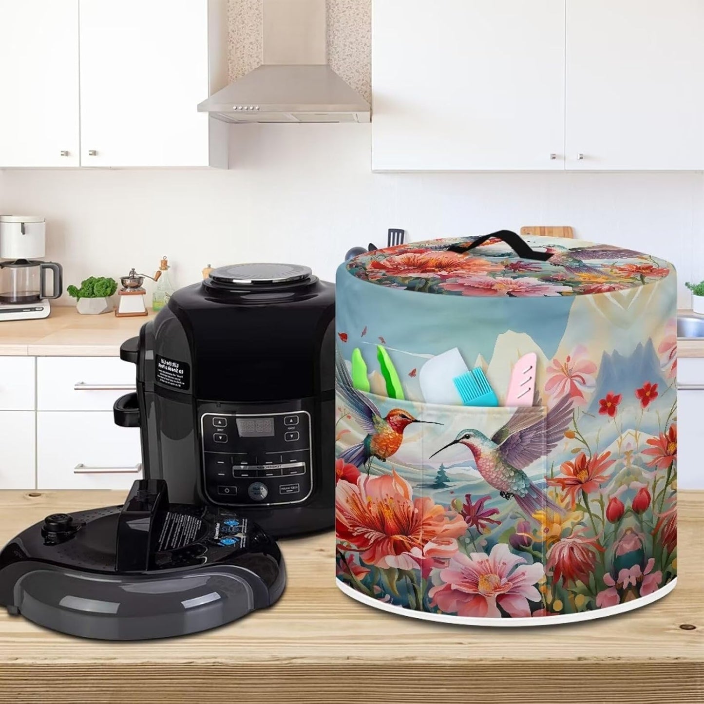 Washable Hummingbird Floral Air Fryer Cover for 6 Qt Pressure Cooker, Small Kitchen Appliance with Top Handle