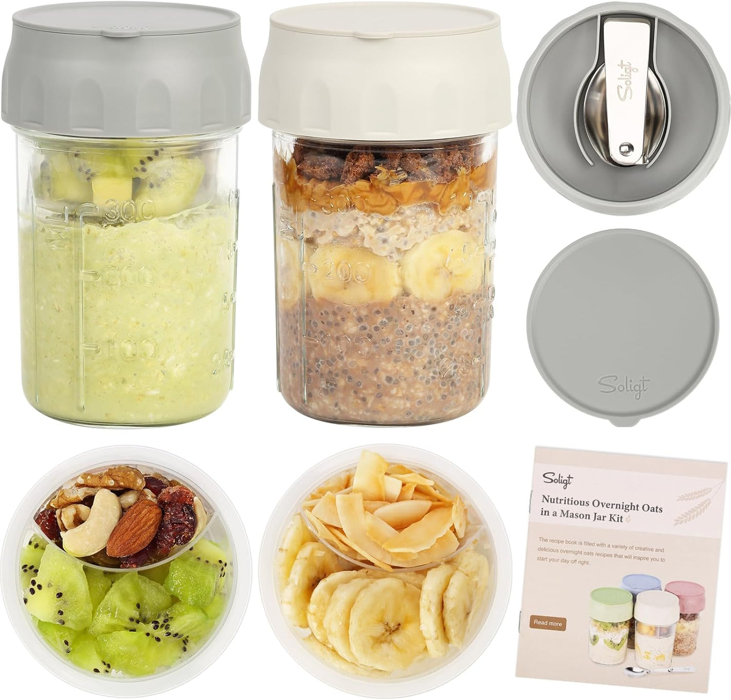 16oz (2 Set-Smoke SOLIGT Overnight Oats Containers with Lids, Folding Spoons and Divided Compartment for Fruit & Nuts