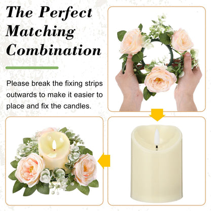 Yunlly 16 Set Rose Candle Rings Wreaths 3 Inch Center with Flameless LED Candles Artificial Rose Light Garland Fake Electric Votive Tealights Bulk Funeral Wedding Table Centerpieces Decor(Champagne)
