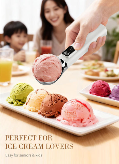 Heated Ice Cream Scoop Rechargeable, 5000mAh Battery Electric Ice Cream Scoop for Hard Icecream and More with LED Display, Self-Warming Heats To 158℉, IP67 Waterproof, Ideal Kitchen Gifts (White)