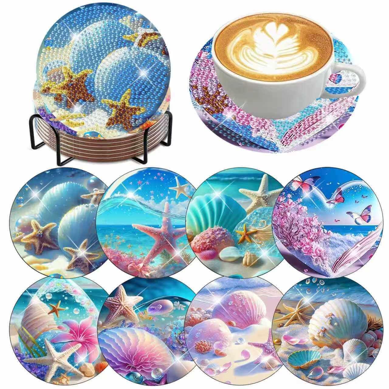 8 Pcs Beach Diamond Art Coasters with Cork Pads, 5D Shell Diamond Painting Coasters, Non Slip Diamond Art Kits for Adults-Crafts Supplies for Gift