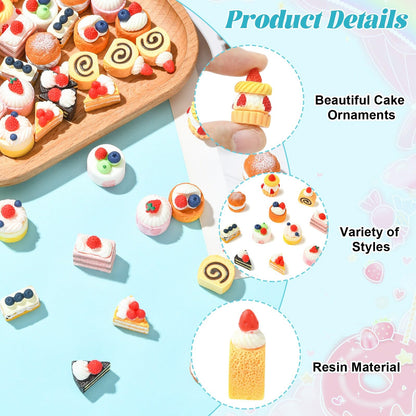 Gythara 44 pcs 11 Styles Lovely Cake Theme Resin Miniature Ornaments Sweet Dessert Imitation Food Figurines for DIY Fairy Garden Micro Landscape Desk Office Decor