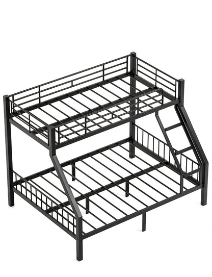 Mixcous Twin XL Over Queen Bunk Bed, Heavy Duty Queen Bunk Bed for Adults, Metal Bed Frame with Full-Length Guardrails & EVA Padded Anti-Slip Ladder, No Box Spring Needed, Black