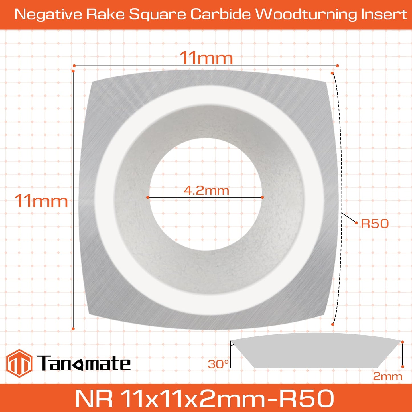 TANOMATE Negative Rake 11x11x2.0mm-R50 with Screws Carbide Replacement Inserts Cutter for Woodturning Lathe Tools.