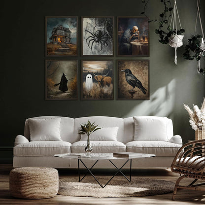 6Pcs Halloween Wall Art Creepy Dark Academia Wall Decor Pictures Ghost Wizard Skeletons Canvas Posters Prints for Gallery Living Room Bedroom Office Unframed