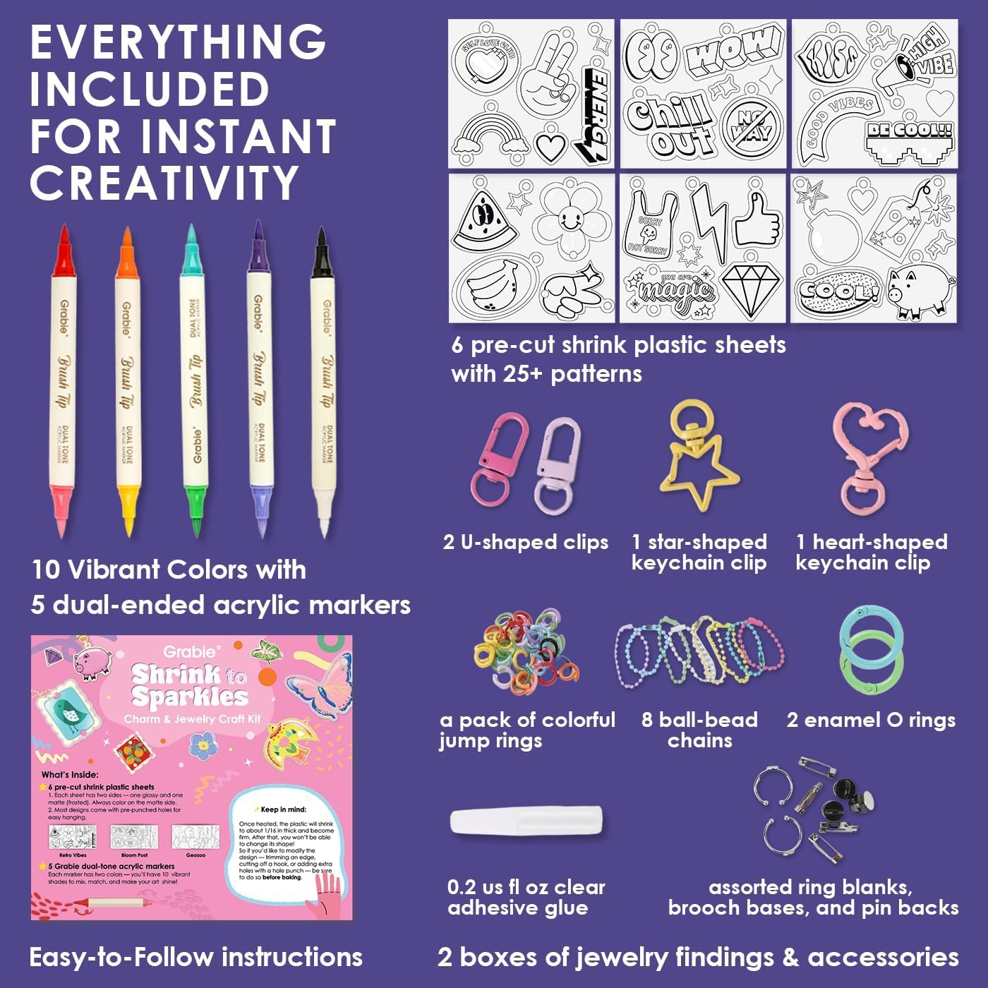 Grabie DIY Shrink Art Craft Kit Jewelry Making Kit for Kids Adults, 25+ Pre-Cut Shapes, 5 Dual-Tip Markers, Custom Charms, Pins, Rings, Keychains (Retro Vibes - Beginner Friendly)