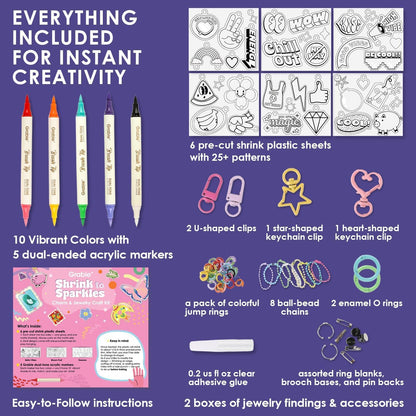 Grabie DIY Shrink Art Craft Kit Jewelry Making Kit for Kids Adults, 25+ Pre-Cut Shapes, 5 Dual-Tip Markers, Custom Charms, Pins, Rings, Keychains (Retro Vibes - Beginner Friendly)