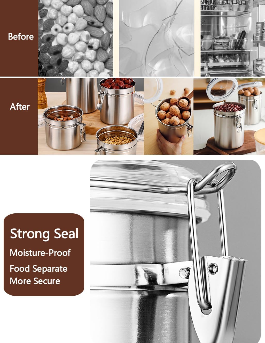 4 (1.8L Silver-4) Coffee Canister Pcs Stainless Steel Food Container with Clear Lids Airtight Container Stackable
