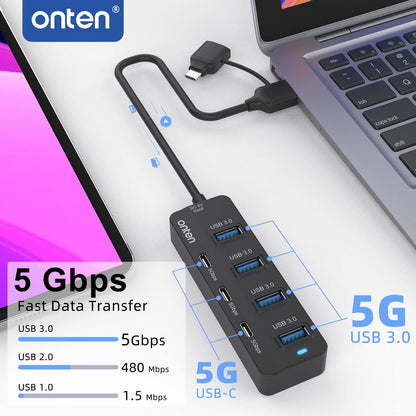 Onten USB C Hub,7 Ports USB3.0 to USB-C HUB with a USB C to USB 3.0 Adapter. 3.2ft Cable 4*USB3.0 Ports,3*USB C Ports forThunderbolt 3/4 MacBook Surface Pro and More USB/USB C Devices