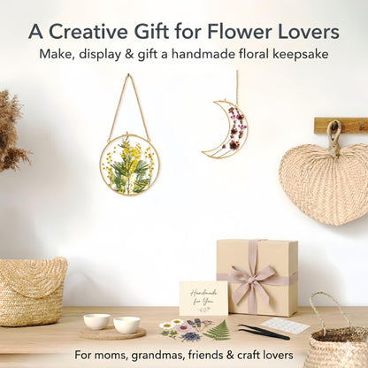 Pressed Flower Frame Kit, Sun and Moon Double Glass Hanging Frames with 68 Dried Flowers, Gold Botanical Wall Decor DIY Craft Kit for Adults, Flower Lover Gift for Mother’s Day & Birthday