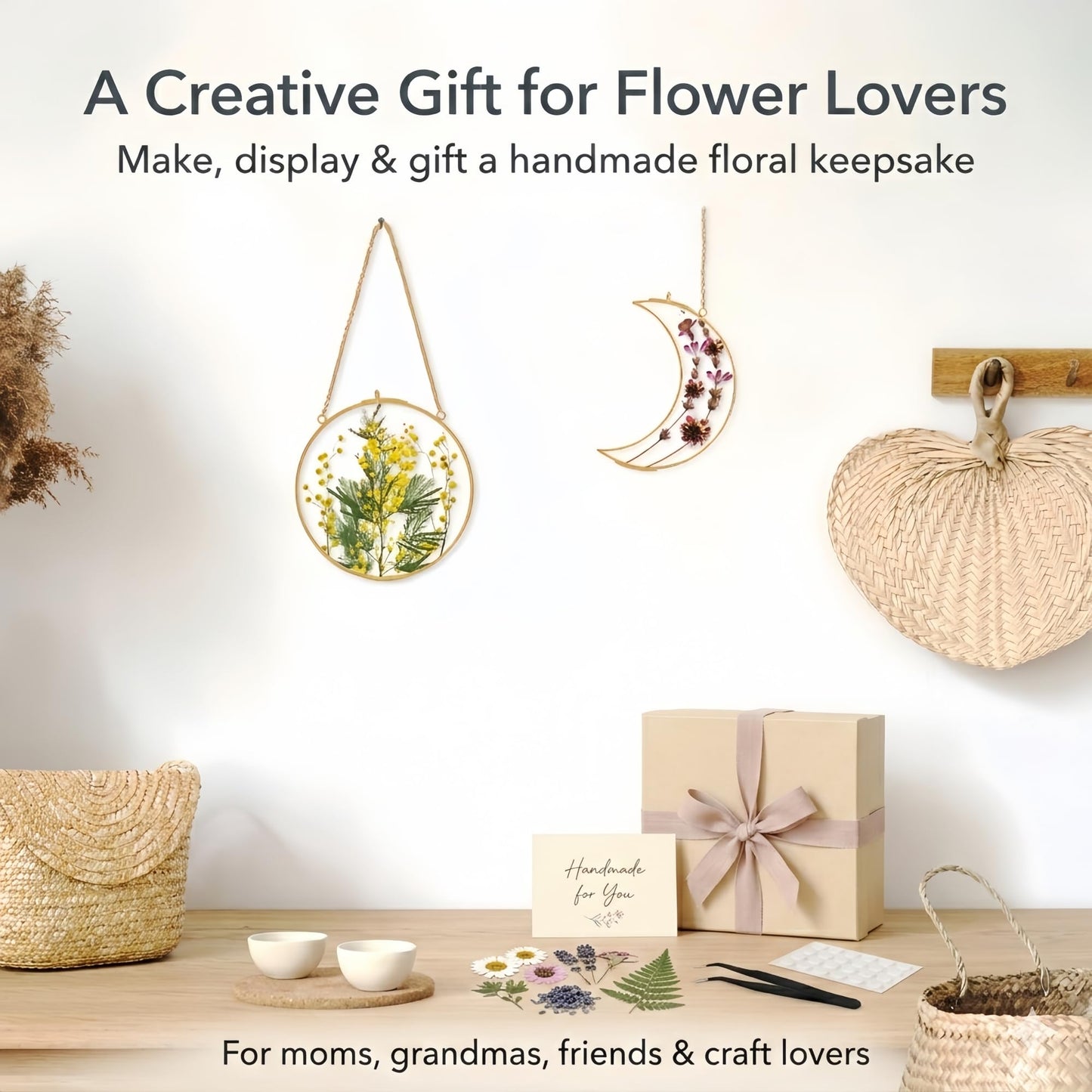 Pressed Flower Frame Kit, Sun and Moon Double Glass Hanging Frames with 68 Dried Flowers, Gold Botanical Wall Decor DIY Craft Kit for Adults, Flower Lover Gift for Mother’s Day & Birthday