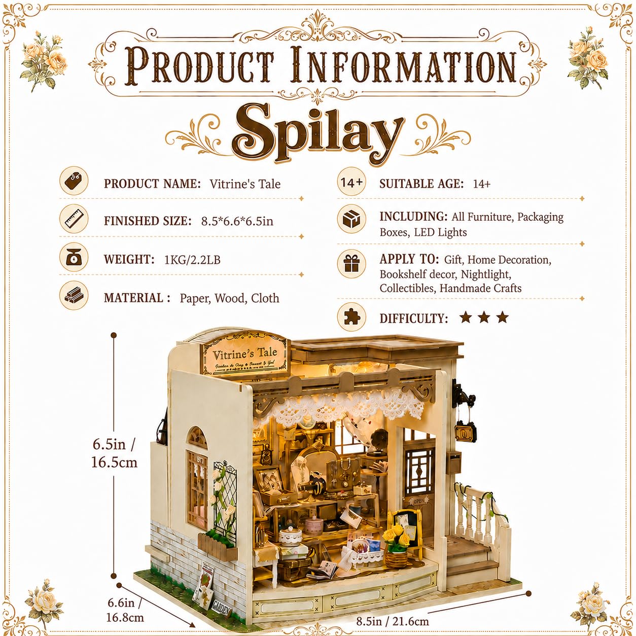 Spilay DIY Miniature House Kit, Vitrine's Tale Miniature Dollhouse Kit with LED Light, Mini House Building Kit Book Nook for Adult, Creative Bookshelf Decoration & Unique Gift