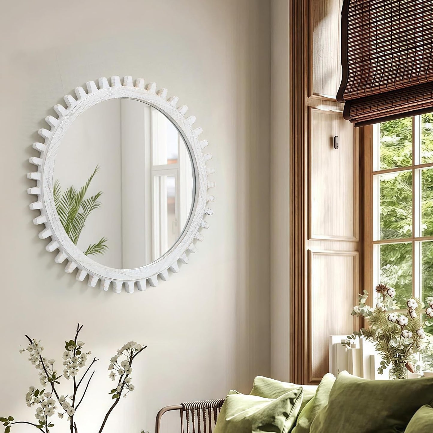 30 Inch ULIKE Round Wood Mirror, Rustic Farmhouse Circle Mirror with Wooden Frame, Modern Wall Decor for Bathroom