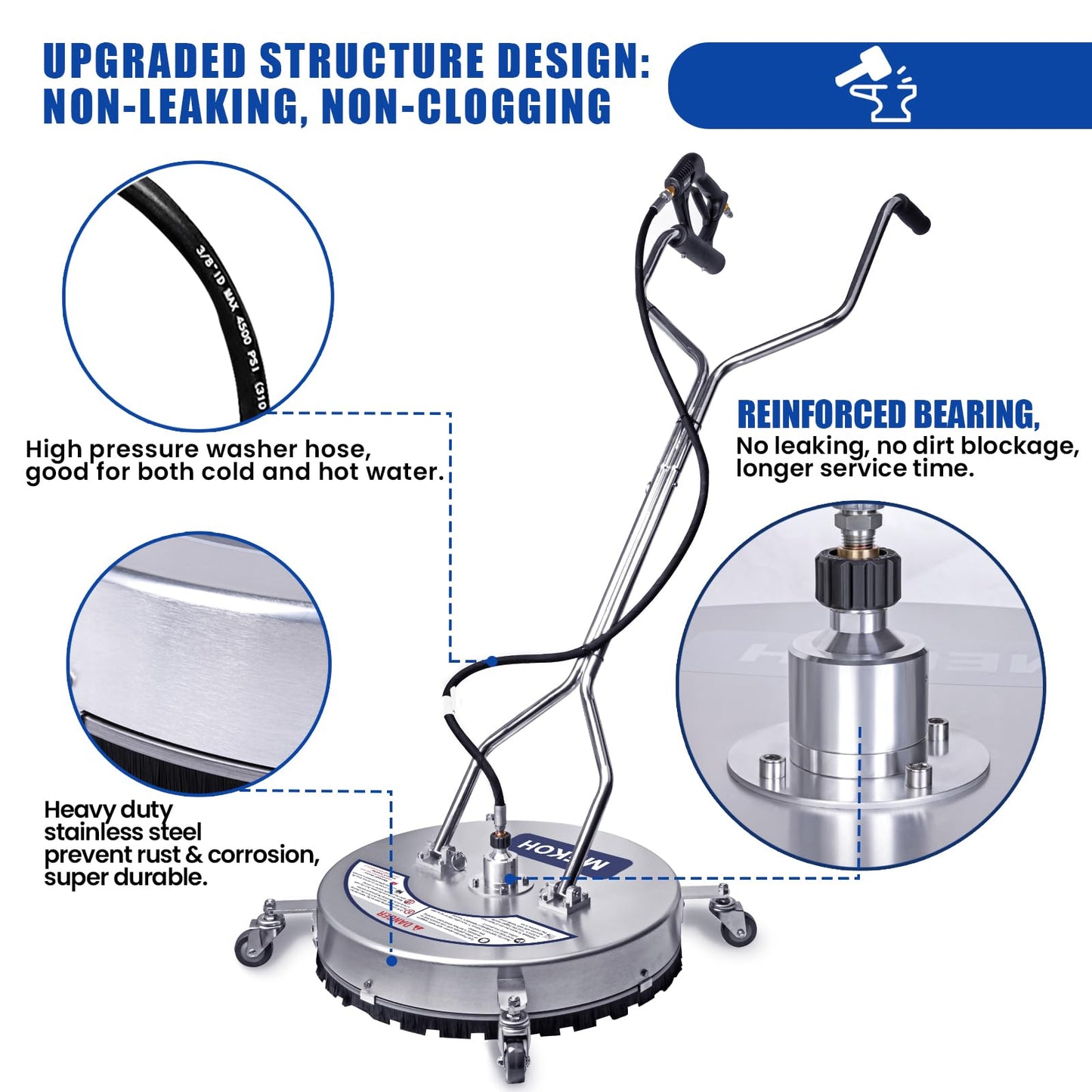 MEKOH Pressure Washer Surface Cleaner 22'', 4500PSI Stainless Steel Surface Cleaner Attachment with Wheels, Power Washer Accessory for Driveway Sidewalk Curb Deck Patio Cleaning, 3/8'' Quick-Connect