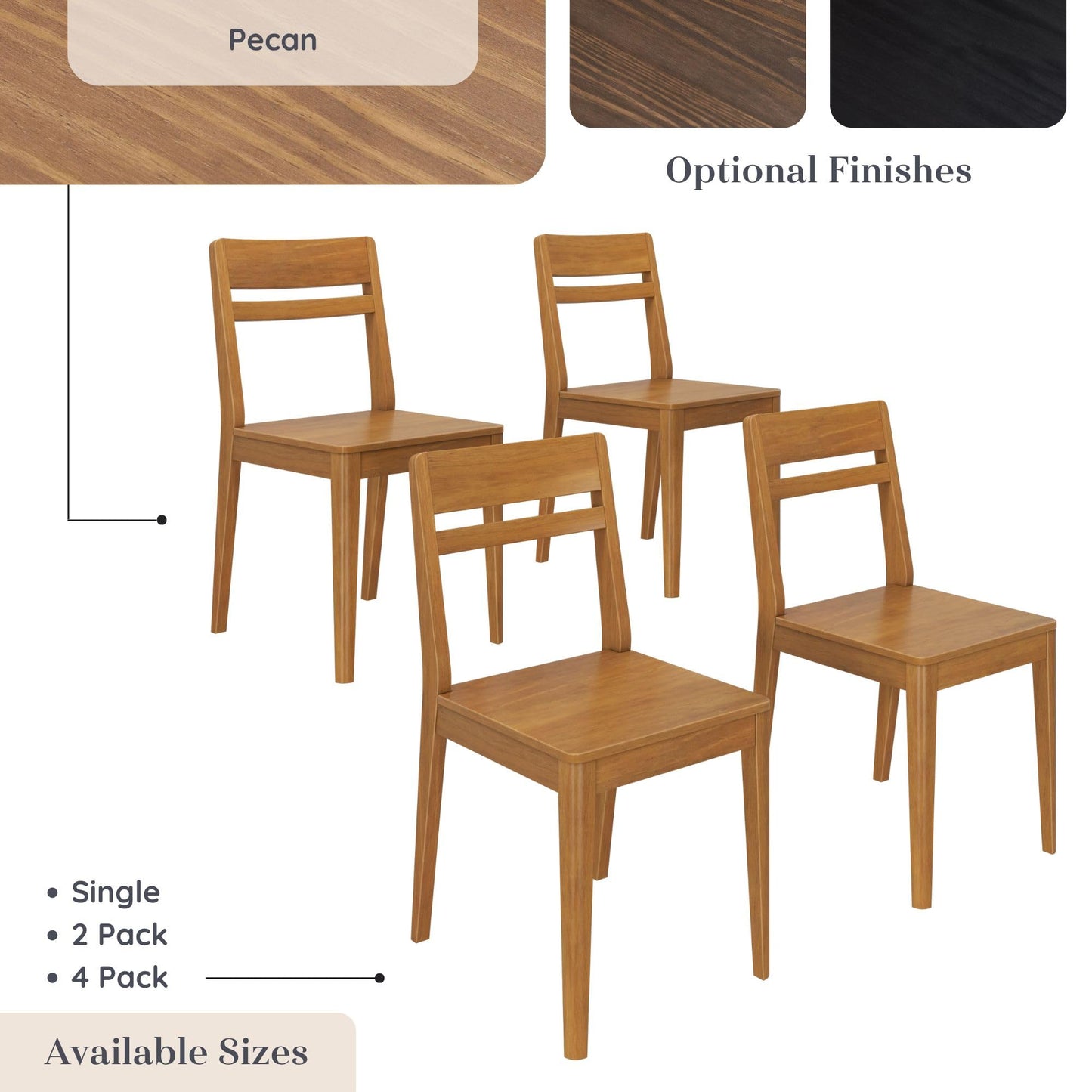 Grain & Grove Crew Dining Chair, Set of 4, Solid Rubberwood Frame, Engineered Wood Seat, Comfortable Backrest, Easy Assembly, Durable Wooden Kitchen & Dining Room Chair, Pecan